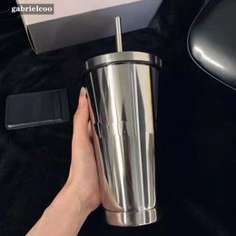 Designer Silver Stainless Steel 304 Straw Cup Classic Logo Printed Cold Drink Cup Handy Cup Coffee Cup Student School Water Cup tumbler Gift Box