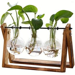 Vases Plant Terrarium With Wooden Stand Air Planter Bulb Glass Vase Retro Tabletop For Hydroponics Home Garden Office Decoration