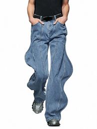 vgh Wave Design Spliced Butt Casual Jeans For Women High Waist Patchwork Pockets Loose Denim Wide Leg Pants Female Clothing L3lJ#
