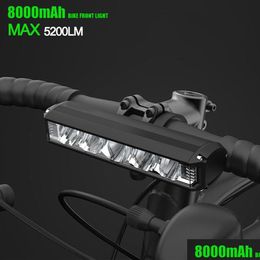 Велосипедные фары Велосипедный фонарь спереди 5200 люмен светодиодный 8000 мАч водонепроницаемый фонарик Mtb шоссейный велосипед аккумуляторная лампа аксессуары 230907 Drop Otf2H