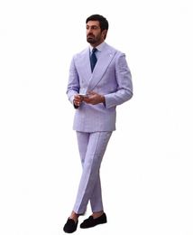 lilac Stripe Men Suits Peak Lapel 2 Pcs Sets Double Breasted Groom Wedding Tuxedos Male Prom Blazers Slim Fit Costume Homme o8Qy#