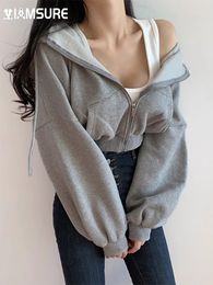 IAMSURE Short Hoodies Women Solid Sweatshirt Tracksuit Long Sleeve Female Crop Top Fashion Korean Clothing Harajuku 240328