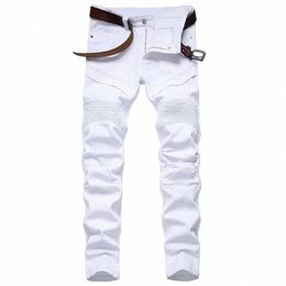 fi White Motorcycle Jeans Men's Persality Trousers Solid Color Casual Denim Pants Straight Spliced 90s Jeans I7F9#