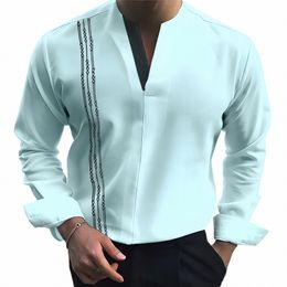 new Fi V-Neck Solid Shirts Men Shirt Smart Casual Clothes Spring Summer Lg Sleeve Tees Tops Men Loose Pullover Streetwear F4IR#