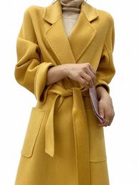 casual Yellow Water Ripple Overcoat Double-sided Wool Lg Women Loose Coat New Belt Fi Lapel Lg Sleeve Jacket i6Lz#