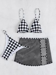 Women's Swimwear With Fishnet Mesh Sheer Skirt Plaid Bikini Female Swimsuit Women Three-pieces Set Bather Bathing Suit Swim K4260