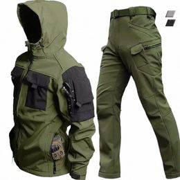 soft Shell Military Suit Men Waterproof Tactical 2 Pcs Set Shark Skin Windproof Hooded Jacket Multi-pockets Cargo Pants Uniforms T5Jh#