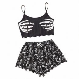 women's Pyjama Set Skelet Print Camisole Shorts Pyjama Female Sexy Sleevl Crop Elastic Sleepwear m1NE#