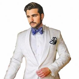 high Quality Men's Suits White Jacquard Fabric Single Breasted Shawl Lapel Formal Busin Smart Casual Terno 2 Pcs Jacket Pants R8eb#