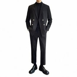 autumn Winter Wool Men Double Breasted Slim Fit Casual Suits Sets Blazer Pant Male Korean Streetwear Office Fi Jacket Pant 04HW#