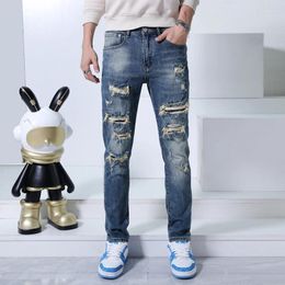 Men's Jeans Street Fashion Motorcycle Ripped Skinny Trendy Casual Stretch Slim Fit Blue Small Feet Handsome Pants