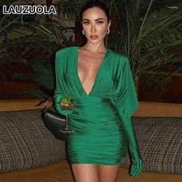 Casual Dresses Sexy Deep V-Neck Ruched Mini Dress With Glove Sleeve 2024 Fashion Elegant Long Night Club Party For Women