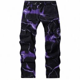 kakan - New Lightning Printed Tie Dyed Jeans From Europe and America for Men, Street Trend Loose Fitting Straight Length Jeans53 F5Q7#