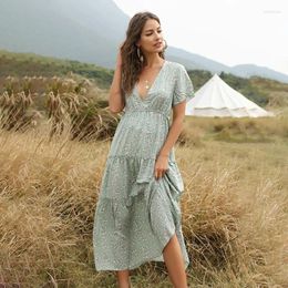 Casual Dresses Summer Women Foral Print Bohemian Dress Fashion Short Sleeve V Neck High Waist Slit Vacation Ruffle Long Outfits