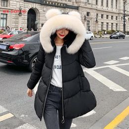 Women's Trench Coats 2024 Winter Jacket Hooded Fur Collar Hairball Sweet Cute Loose Cotton Coat Student Plus Size Long Parkas Women Pink