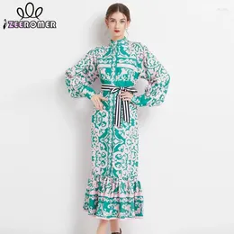 Casual Dresses Spring Fashion Runway Bohemain Long Mermaid Dress Women Stand Collar Lantern Sleeve Single Breasted Lace Up Print Maxi