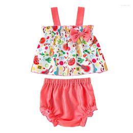 Clothing Sets Infant Baby Girls Two Piece Summer Cartoon Print Sleeveless Bow Straps Tank Tops And Elastic Band Shorts Toddlers Outfits