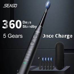 Seago Electric Sonic Toothbrush USB Rechargeable Adult 360 Days Long Battery Life with 4 Replacement Heads Gift SG575 240325
