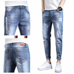 fi 2022 Denim Men's Slim Small Feet Spring Korean Ripped Hole Students Teenager Casual Ankle Length Pants Jeans Hombre H0sV#