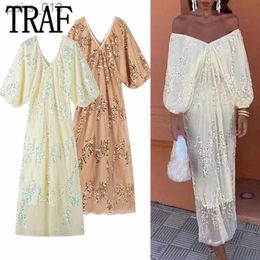 Basic Casual Dresses TRAF Off Shoulder Sequin Dress Woman Glitter Long For Women Midi Luxury Evening 2024 Gala Elegant Party yq240328