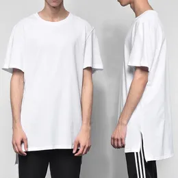 Men's T Shirts Side Split Longline Hem Short Sleeve Men Shirt Solid O-neck Streetwear Hip Hop Tee Summer Tops Plain Tshirt