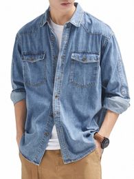 2024 New Denim Cott Men's Shirt Lg Sleeve Black Blue Drop Shoulder Butt Pockets Cowboy Loose Casual Work Jeans Shirts q7Xx#