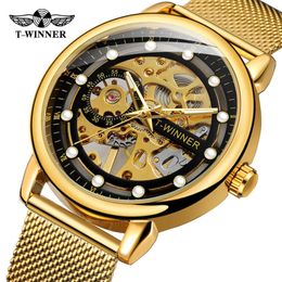 T-winner Men's Hollow Manual Mechanical Transparent Bottom Fashion Mesh Band Watch 8258