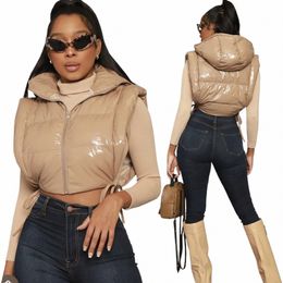 leosd Sexy Side Slit Hooded Puff Jacket Vests Women Bandage Zipper Up Crop Tops Winter Autumn Casual Solid Clothes Streetwear H5qt#