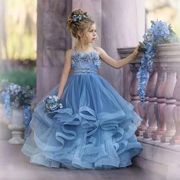 Dusty Blue Flower Girl Dresses For Wedding Robe De Mariage Kids Pageant Gowns Tulle Ruffled First Communion Dress