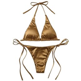 Sexy Womens Metallic Halter Top Two Piece Swimsuit Tie Side Triangle Bikini Summer Solid Bathing Suit Beachwear Set 240322