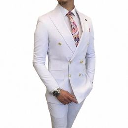 double Breasted White Men Suits with Peaked Lapel Slim Fit 2 Piece Wedding Tuxedo Male Fi Prom Costume Jacket Pants q6R3#