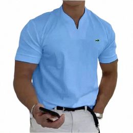 Polo da uomo con scollo a V di alta qualità Cott ricamo primavera / estate nuova maglietta a maniche corte allentata casual sportiva traspirante Top E5VF #