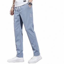 new Spring Summer Cott Men's Casual Pants Classic Drawstring Elastic Waist Thin Stretch Blue Jogging Work Cargo Trousers Male 137J#