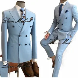 light Blue Men's Suit 2 Piece Double Breasted Jacket Pants Formal Wedding Groom Tuxedo Peak Lapel Blazer Customised Men's Suit a4Ly#