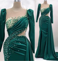 Gorgeous Mermaid Prom Dress Evening Gown Hunter Green Satin Formal Gown Beaded Side Split Robes De Soiree