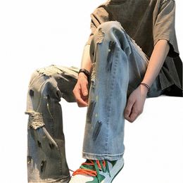 high Street Ripped Jeans Male Ins Tide Brand Hip-hop Wide-leg Pants Summer Thin Secti Straight Loose Casual Old Pants s4Yx#