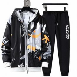 2 Pcs/Set Men Coat Pants Suit Hooded Letter Print Drawstring Loose Jogging Set Hip Hop Ankle-banded Men Sportwear Tracksuit 46oO#