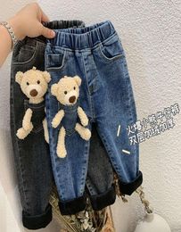 26 Years Winter Girls Boys Cute Cartoon Bear Jeans Pant Baby Kids Children Thick Warm Fleece Denim Trousers2211346