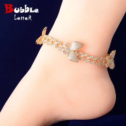 Bubble Letter Butterfly Miami Cuban Link Anklets Feet Jewelry for Women Real Gold Plated Hip Hop Charms 240323