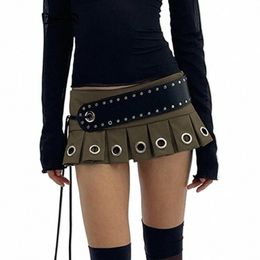 cibbar Punk Style Low Rise Mini Skirt with Leather Belt Hot Sexy Super Short Pleated Skirts Women Harajuku Clubwear Outfits y2k V0ex#