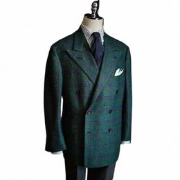 green Men Suit Tailor-Made 2 Pieces Blazer Gray Pants Tuxedo Double Breasted Plaid Modern Slim Fit Wedding Groom Prom Tailored g29H#