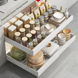 Kitchen Storage Scalable Pull-out Rack Dish Seasoning Bottle Tableware Drinks With Slide Rails Drawer Cabinets Organizer