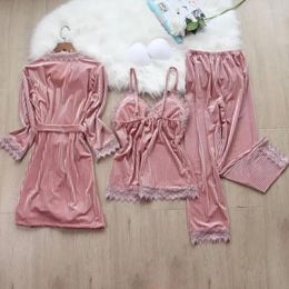 Home Clothing Set Gown Bathrobe Women Pijamas Loose Autumn Suit Sexy Sleepwear Homewear Trim Lace Velvet 3PCS Winter Loungewear Pajamas