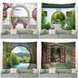Chinese Natural Scenery Tapestry Retro Style 3D Arch Door Green Bamboo Wall Hanging Tapestries Modern Background Decor Blanket 240325