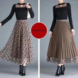 Skirts Reversible Women Skirt Elegant Double-layered Mesh Pleated A-line Midi With High Elastic Waist For Solid