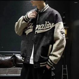 Men's Jackets Retro Baseball Jacket Embroidered Suede With Stand Collar Side Pockets Trendy Single For Spring