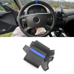 Steering Wheel Covers For 3 5 Series E36 E46 E39 1998 1999 X3 E83 X5 E53 2000-2006 Car Cover Leather Trim Black With Blue Strip