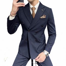 Blazer+Vest+Pants Groom Wedding Male Suit Luxury Brand Fi Striped Men's Casual Busin Office Double Breasted Suit l9St#