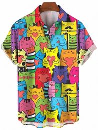 Camicia da uomo oversize hawaiana Carto Cat Bird Modello Stampa floreale Uomini sociali Graffiti Abbigliamento Vintage Harajuku Nuova estate H8XR #