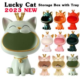Sculptures Cute Cats Figurine Big Mouth Cats Storage Box Cartoon Resin Cat Sculpture Key Chocolates Candy Storage Basket Home Office Decor